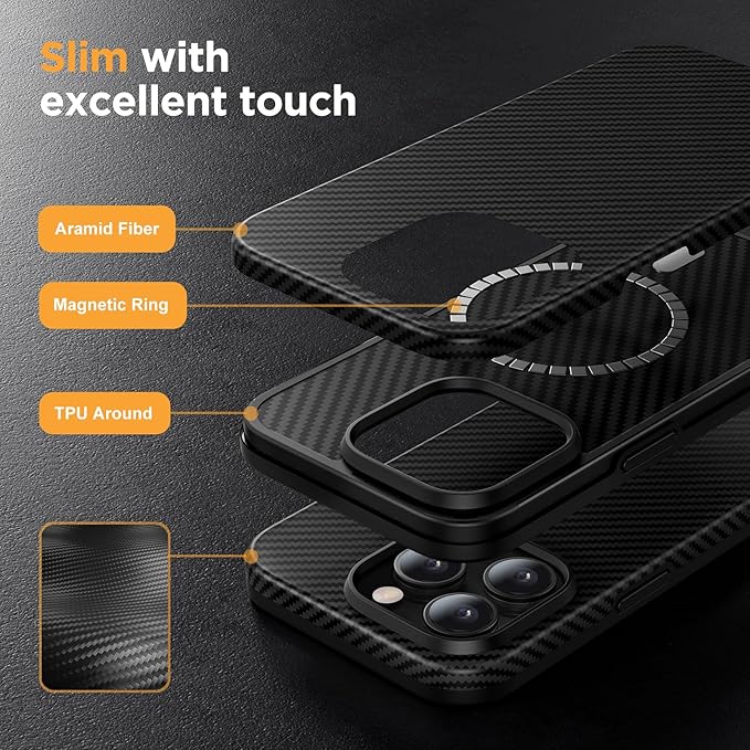 Diaclara Slim Magnetic Series Designed for iPhone Case,[1500D Aramid Fiber][Built in Magnet Ring] Protective Shockproof Bumper for iPhone, Black (Black-TPU, for iPhone 15 Pro)
