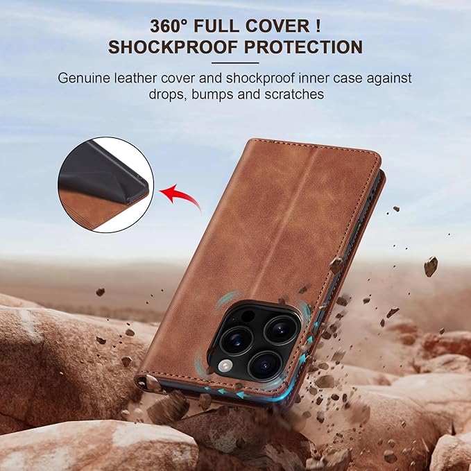 Jasonyu Flip Wallet Case for iPhone 16 Pro Max,Leather Magnetic Folio Cover with Card Holder,Kickstand - TPU Shockproof Durable Protective Phone Case,Brown