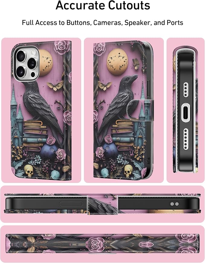 DEENAKIN for iPhone 15 Pro Wallet Case with Card Holder + Cash Clip, RFID-Blocking, Military-Grade Drop Protection, Magnetic Closure with Leather Kickstand - Gothic Skull & Raven