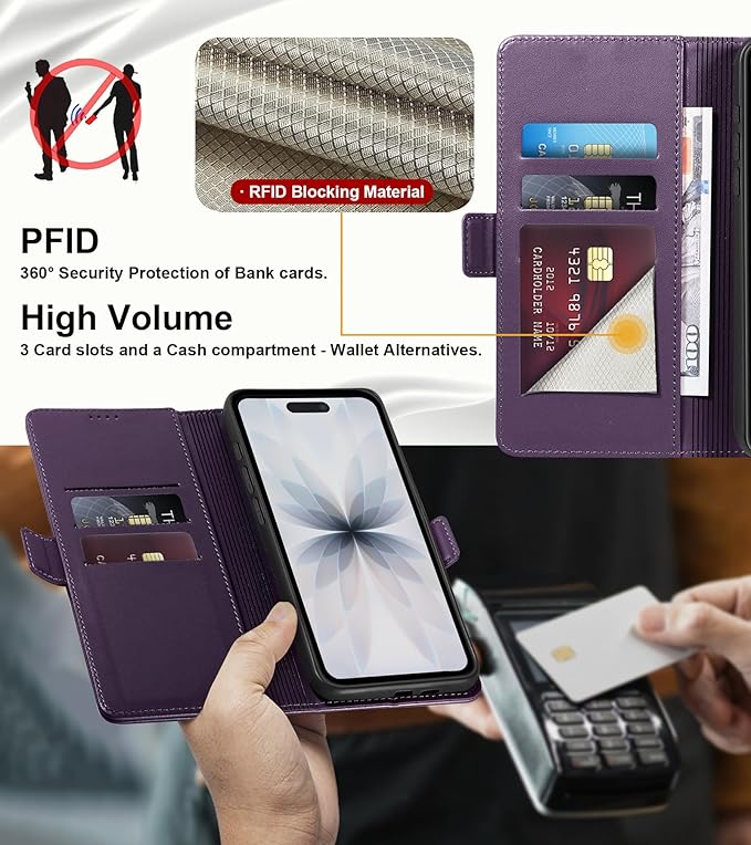 Wallet Flip Case for iPhone 17 5G - [RFID Blocking] Luxury PU Leather Card Holder Magnetic Phone Cover with Kickstand,Shockproof Protective Case,Purple