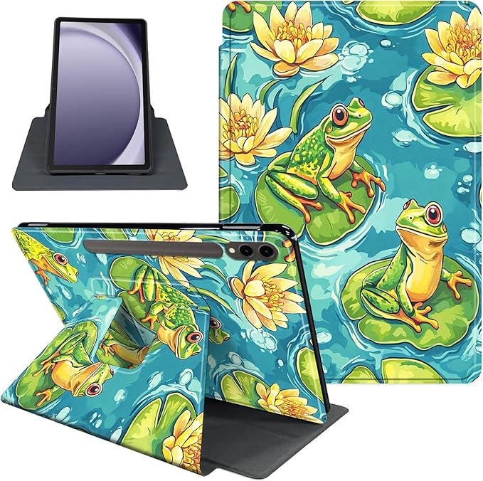 Case for 12.4 inch Galaxy Tab S10 Plus Case (2024), Galaxy Tab S9 Plus Case (2023), 360 Degree Rotating Folio Stand Smart PU Leather Cover, Auto Sleep/Wake, Colorful Frogs