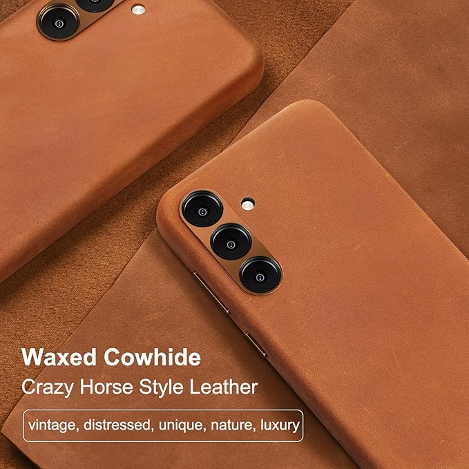 Belemay Leather Case for Samsung Galaxy S24 Compatible with Magsafe - Premium Crazy Horse Leather [Vintage Aesthetics] Unique Patina, Comfort Grip, Metal Buttons, Slim&Soft Cover (6.2") Tan Brown