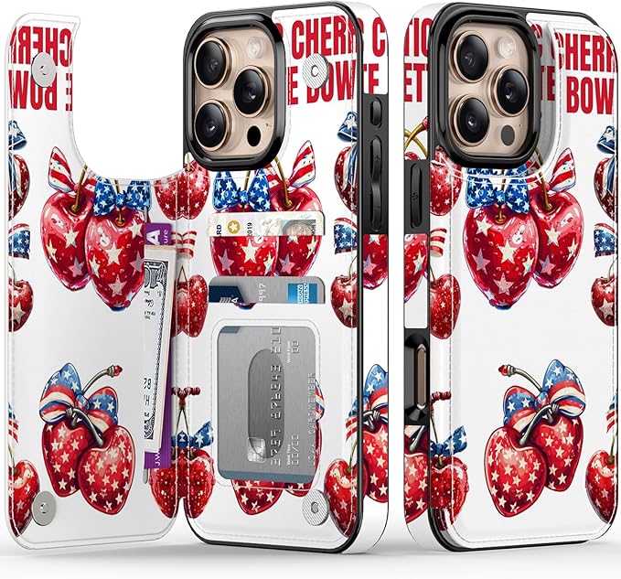 FUNMIKO for iPhone 16 Pro Wallet Case with Card Holder, RFID-Blocking, Military-Grade Protection & UV-Printed Artwork, Magnetic Closure with Leather Kickstand - Cherries with Bow