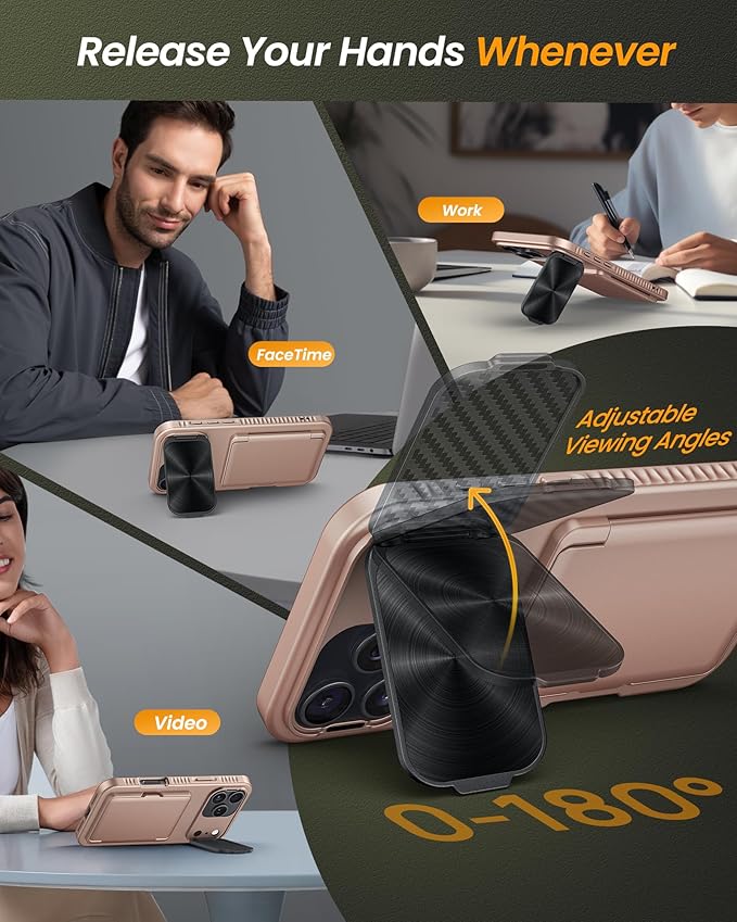 for iPhone 17 Pro Case with Card Holder & Stand & Camera Cover, Military Grade Drop Protection Hard Rugged Multifunctional Wallet Kickstand Protective Phone Case for iPhone 17 Pro, Rose Gold