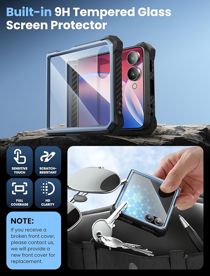 i-Blason for Samsung Galaxy Z Flip 7 Case with Stand, [Tempered Glass Screen Protector] [Hinge Protection] [Belt-Clip], Full-Body Military Protection Phone Case for Samsung Z Flip 7, Armorbox, Blue