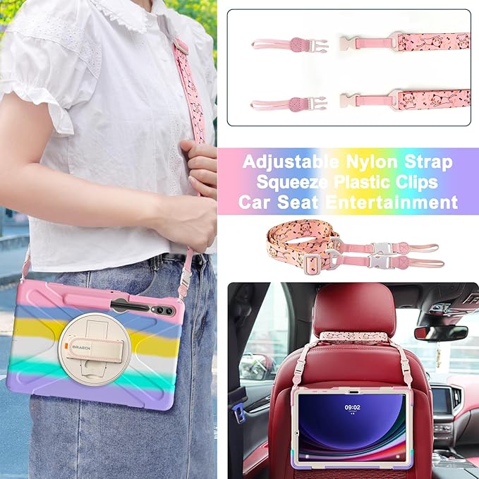 BRAECN for Galaxy Tab S10 Plus Case 2024&S9 FE Plus/S8 Plus/S7 Plus /S7 FE 12.4 Inch,Heavy Duty Shockproof Case with S Pen Holder&360 Rotating Hand Strap/Kickstand/Shoulder Strap for Tab S10+,Rainbow