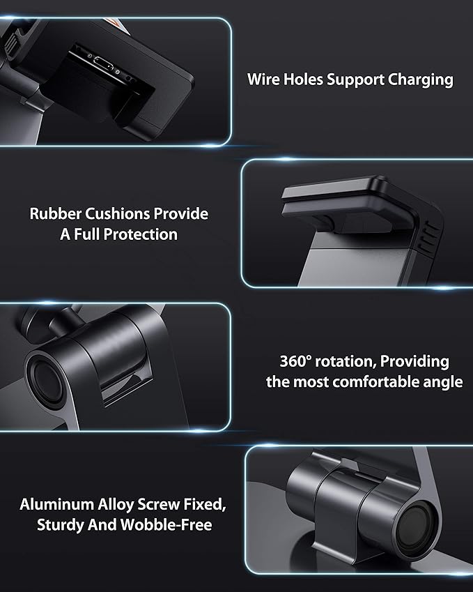 Maxonar iPad Stand Holder, Heavy-Duty Aluminum Alloy Tablet Stand, 360° Swivel Foldable iPad Pro Air Charging Stand Holder for Desk Bed Store POS Showcase Reception Kitchen Office (6-13''), Grey