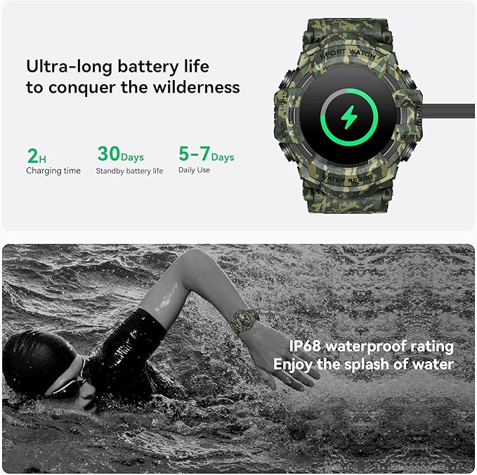 MIDDOW Military Smart Watch with Flashlight (Answer/Make Call) Compass, Heart Rate/Sleep/Sports Tracker, IP68 Waterproof, Long Battery Life, HD Screen, Android & iOS (Camo Green)
