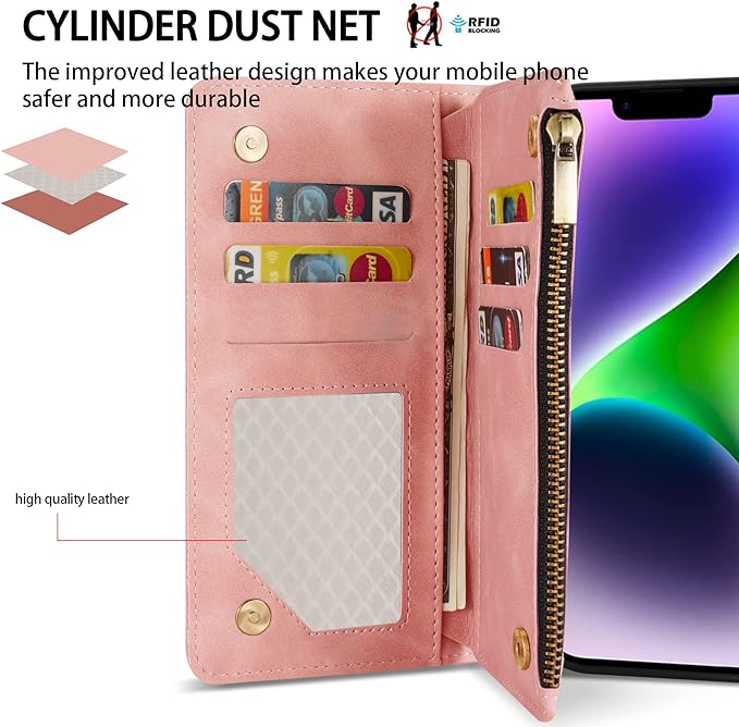 ZZXX for iPhone 14 Plus Case Wallet with [RFID Blocking] Card Slot Premium Soft PU Leather Zipper Flip Folio with Wrist Strap Kickstand Protective Cover for iPhone 14 Plus Wallet Case(Pink-6.7 inch)