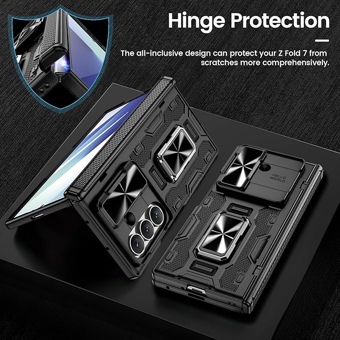 VEGO for Galaxy Z Fold 7 Case with Belt Clip Holster, 360°Ring Magnetic Kickstand & Camera Cover & Front Screen Protector & Hinge Protection Shockproof Armor Case for Samsung Z Fold 7 - Black