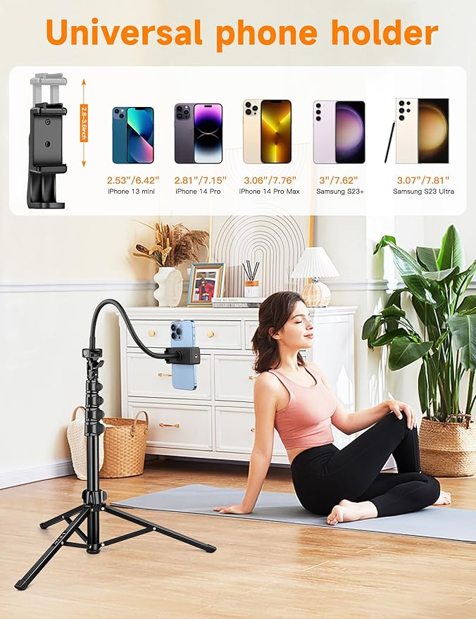 Phone Tripod, 86" Tall Tripod for iPhone with Flexible Gooseneck & Remote, Portable Aluminum Cellphone Stand for Selfies, Video Recording,Travel, Compatible with iPhone Android