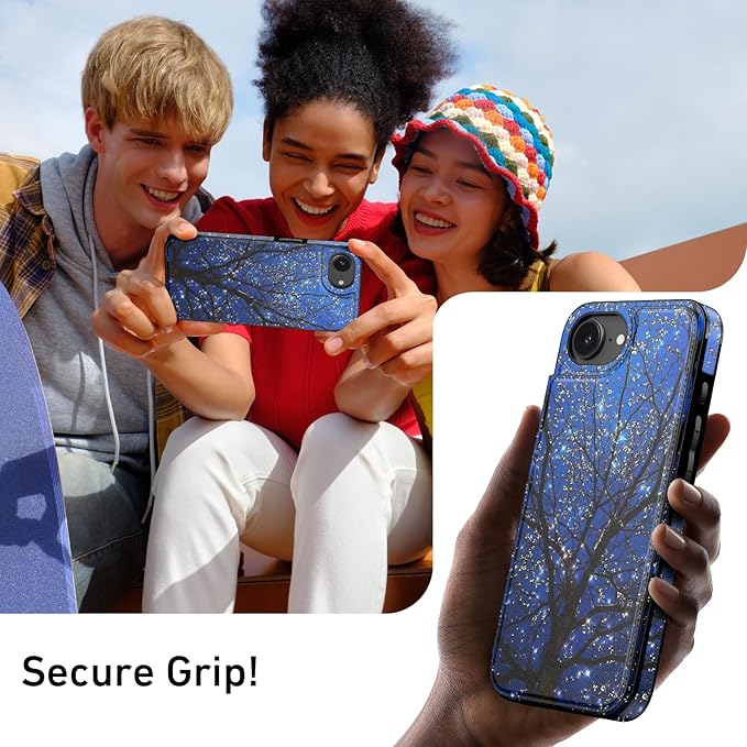 FUNMIKO for iPhone 16e Wallet Case with Card Holder, RFID-Blocking, Military-Grade Protection & UV-Printed Artwork, Magnetic Closure with Leather Kickstand - Dreamy Wishing Tree