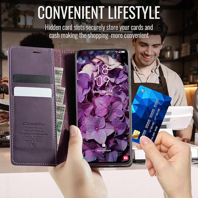 Wallet Case for Samsung Galaxy S21 FE Leather Wallet Flip Cover with Card Holder, Kickstand, Magnetic Closure, RFID Blocking TPU Shockproof Phone Case Compatible with S21 FE, Purple