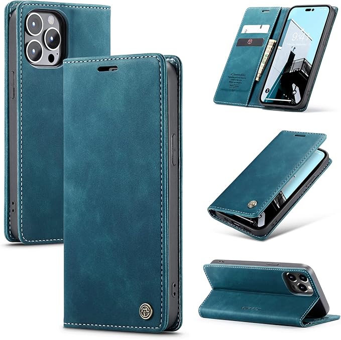for iPhone 14 Pro Case, Flip Wallet Leather Case with Card Holder Magnetic Closure Shockproof Kickstand Protective Phone Cases Cover for iPhone 14 Pro, Blue-Green