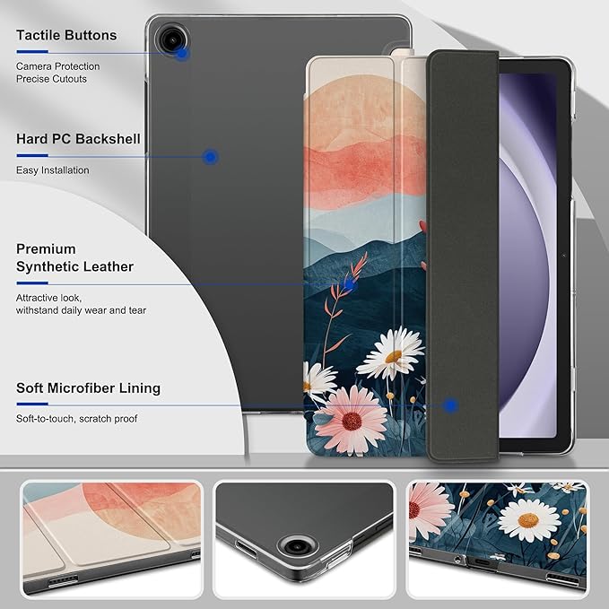 DONGKE Case for Samsung Galaxy Tab A9+/A9 Plus 11 inch 2024 2023 (SM-X210/X216/X218), Slim Stand Hard PC Translucent Back Shell Smart Cover, Auto Wake/Sleep - Daisies
