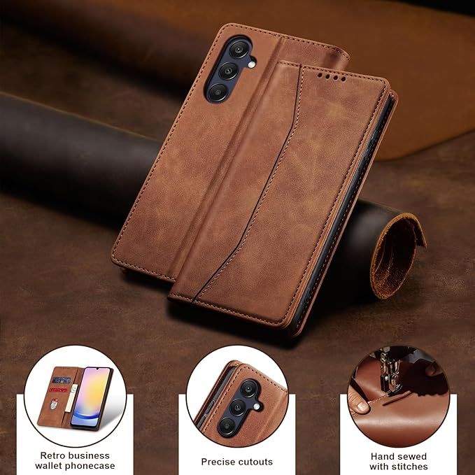 Jasonyu Flip Wallet Case for Samsung Galaxy A25 5G,Leather Magnetic Folio Cover with Card Holder,Kickstand - TPU Shockproof Durable Protective Phone Case,Brown