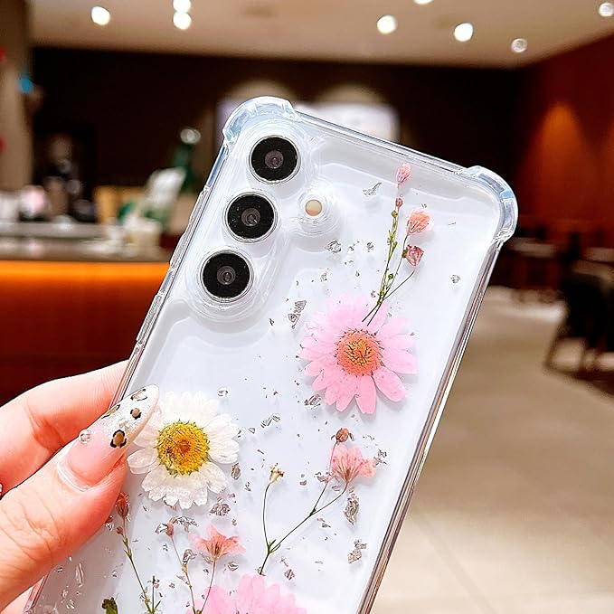 Compatible with Samsung Galaxy S24 Plus Case Cute Pressed Dried Real Flowers Design Women Girly Shockproof Glitter Floral Clear Phone Cover S24+ (Pink Flower)