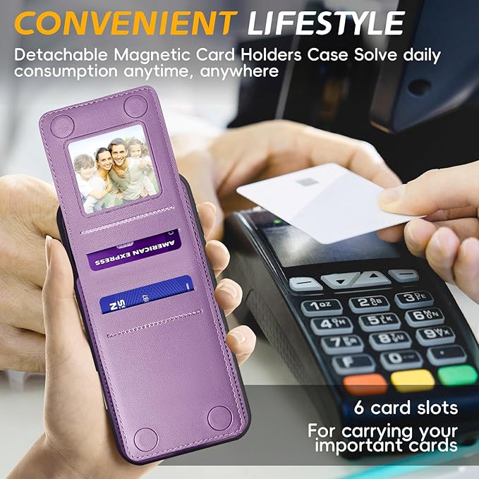 for iPhone 16 Leather Wallet Case, Compatible with Magsafe, 2 in 1 Detachable Magnetic Card Holder, RFID Blocking Kickstand Credit Slots Flip Case for Men Women, Purple