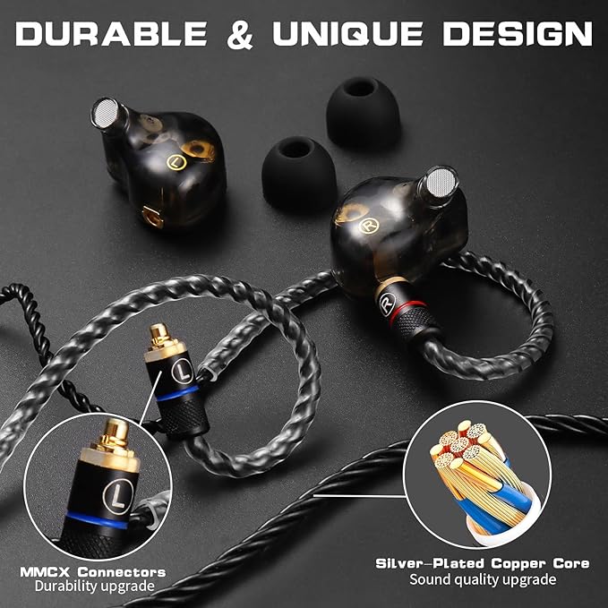 Dual Driver IEMs for Gaming - 9.2mm+6mm HiFi in-Ear Monitors with Detachable MMCX, 4N Silver-Plated OFC Cable & Noise-Isolating Ear Tips (Wired Earbuds for Music/Studio)