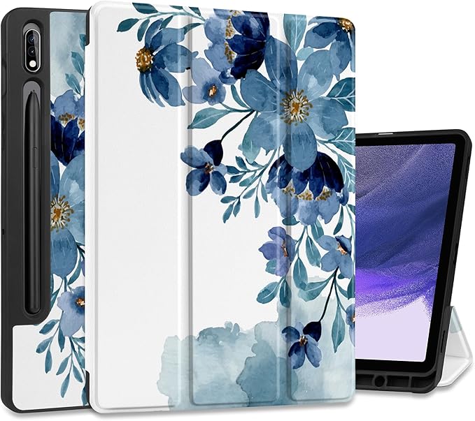 Case for Samsung Galaxy Tab S8 2022 & S7 2020, Shockproof Tablet Case for Samsung Tab S8/S7 11 inch with Auto Sleep/Wake & Trifold Stand & Soft TPU Back Cover, Blue Floral
