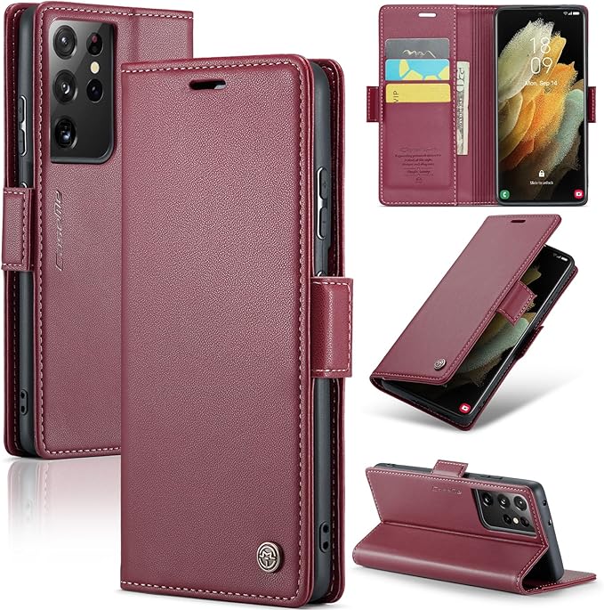 AUPAI for Samsung Galaxy S21 Ultra Wallet Case with Credit Card Holder, PU Leather RFID Blocking Folio Flip Kickstand Magnetic Clasp Protective Phone Cover for Women Men Wine Red