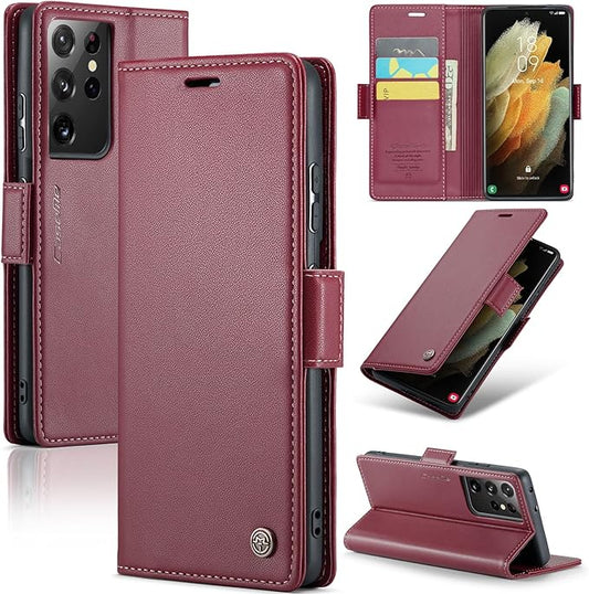 AUPAI for Samsung Galaxy S21 Ultra Wallet Case with Credit Card Holder, PU Leather RFID Blocking Folio Flip Kickstand Magnetic Clasp Protective Phone Cover for Women Men Wine Red