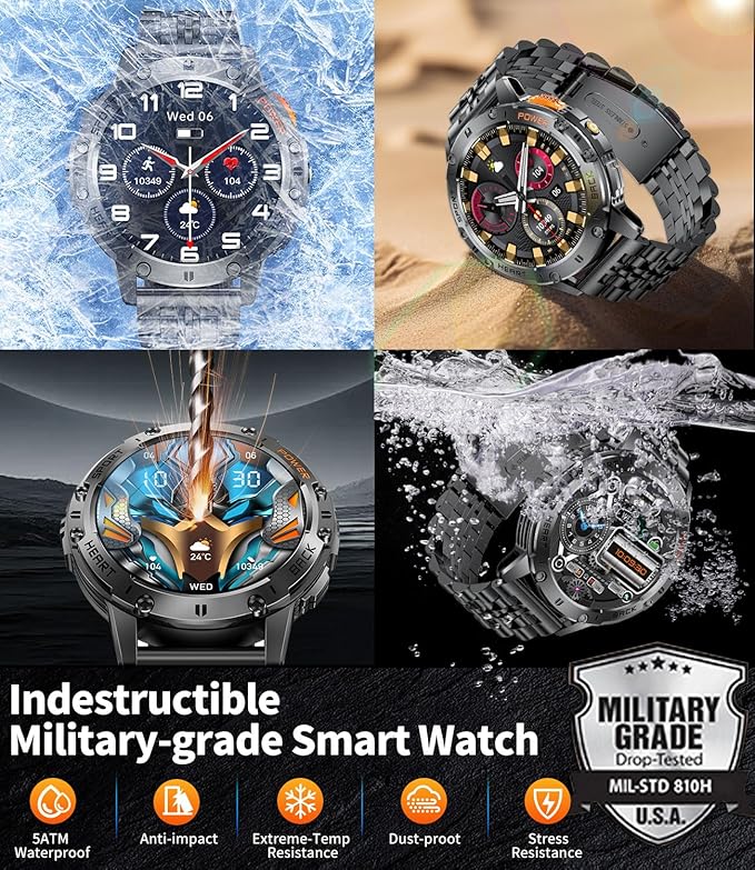 Military Smart Watches for Men with LED Flashlight,3 Straps,1,43'' AMOLED Smartwatch for Men with 530mAh Battery,5ATM Waterproof Fitness Tracker Smart Watch with Answer/Make Call iOS Android