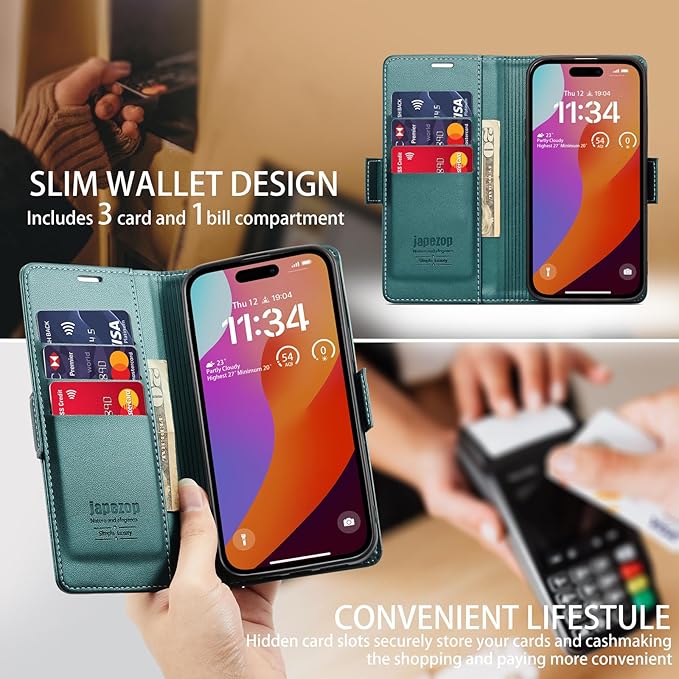 japezop iPhone 15 Plus 5G Wallet Case with [RFID Blocking],Card Holder Kickstand Magnetic,Leather Flip Case Wallet for iPhone 15 Plus 5G 6.7 Inch (Fashion Green)