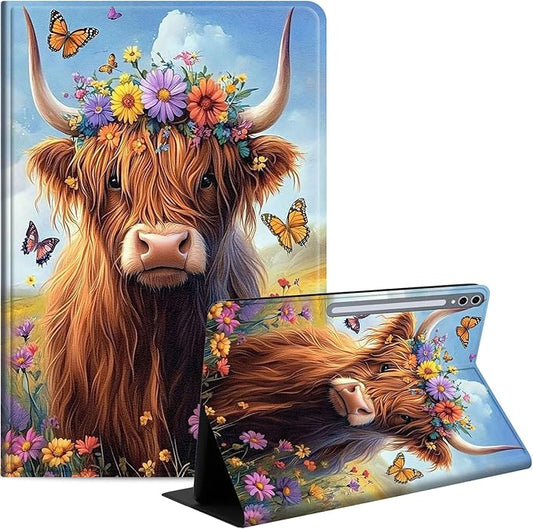 Case for Samsung Galaxy Tab S10 Ultra/Galaxy Tab S9/S8 Ultra 14.6-Inch, Slim PU Leather Stand Cover with Auto Wake/Sleep, Multi-Angle Viewing & Shockproof, Cute Highland Cow