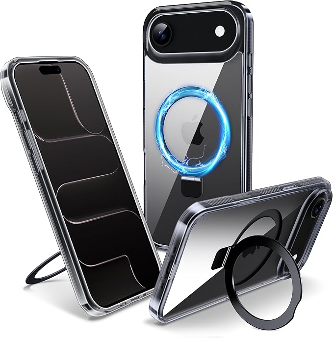 Magnetic Case for iPhone Air - [Built-in Invisible Stand] [Compatible with MagSafe] [Military Grade Drop Protection] Anti-Yellowing Hard Back Silicone Edge Cover, 6.5", Clear Black