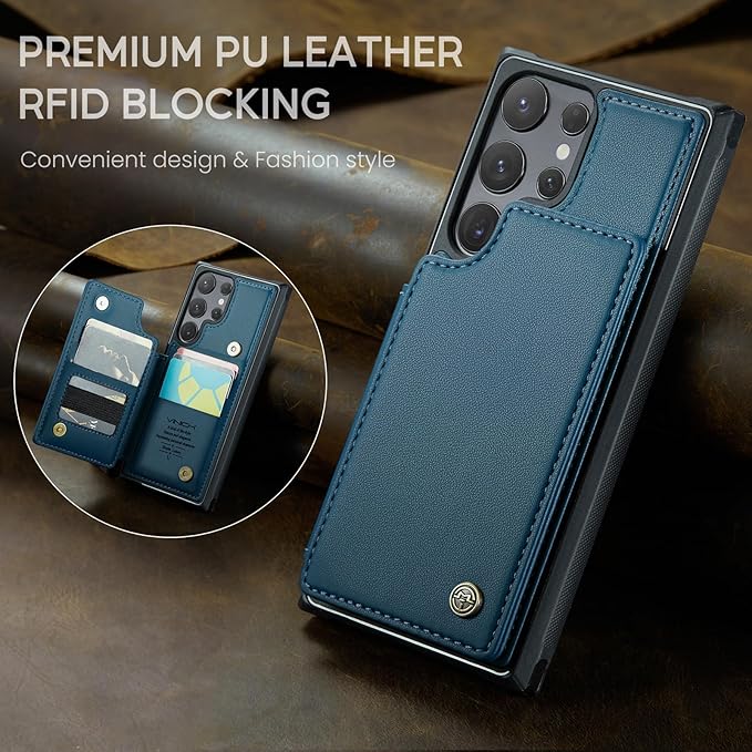 Vinich for Samsung Galaxy S24 Ultra Wallet Case with Card Holder, RFID Blocking Credit Slots Kickstand Shockproof Phone Cover for Women Men, Blue