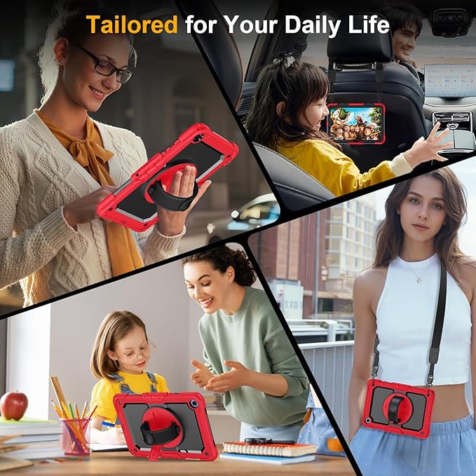 Case for Samsung Galaxy Tab A9+/A9 Plus 11 Inch 2023(SM-X210/X216/X218), Ubearkk Full-Body Drop Protection Case with Screen Protector, 360° Rotating Stand and Hand/Shoulder Strap, Red