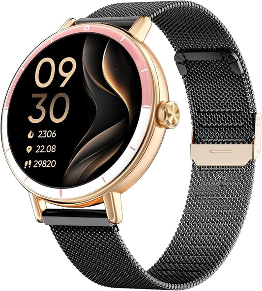 Smart Watch for Women with Two Bands, Fitness Tracker Watch, Heart Rate Monitor, Step Counter, Android & iOS Phones Compatible, Answer/Make Calls, HD Touchscreen, IP68 Waterproof, Black Gold