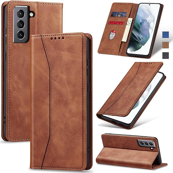Jasonyu Flip Wallet Case for Samsung Galaxy S21 5G,Leather Magnetic Folio Cover with Card Holder,Kickstand - TPU Shockproof Durable Protective Phone Case,Brown