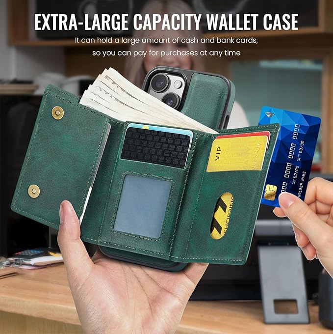 Asuwish Phone Case for iPhone 14 6.1 inch Wallet Magnetic Detachable Cell Cover with Wireless Charging and RFID Blocking Credit Card Holder Flip Stand iPhone14 5G i i-Phone i14 14Case Women Men Green