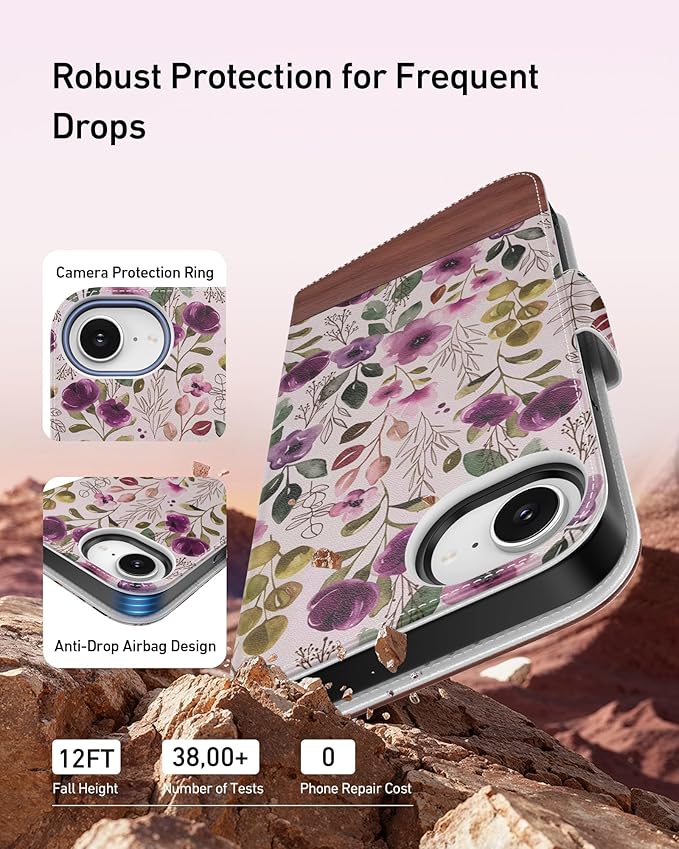 DEENAKIN for iPhone 16e Wallet Case with Card Holder + Cash Clip, RFID-Blocking, Military-Grade Drop Protection, Magnetic Closure with Leather Kickstand - Floral Wallpaper