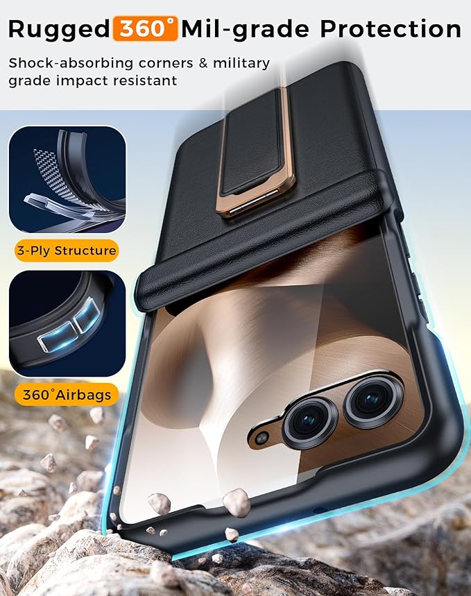 for Motorola Razr Ultra 2025 Case, Built-in Screen Protector & Hinge Protection & 360° Spin Stand & Hand Strap, Ultra Thin Genuine Leather Shockproof Phone Case for Razr Ultra 2025(Black)