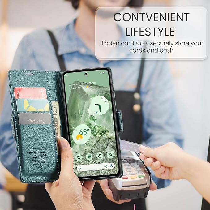 for Google Pixel 8A Case, Premium PU Leather Wallet Case Flip Cover with [RFID Blocking][Card Holder][Stand Function] Shockproof Protective for Google 8A, Blue-Green