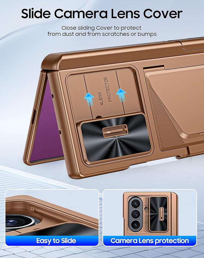 for Samsung Galaxy Z Fold 7 Case with Card Holder RFID Blocking, Built in Slide Lens Cover & Hinge Protection & Kickstand & Screen Protector, Shockproof Wallet Case for Z Fold 7 (Desert Gold)