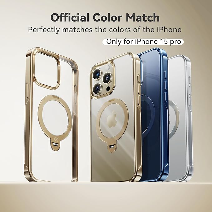CASEKOO Titanium 360° Rotatable Magnetic Stand for iPhone 15 Pro Case [Compatible with Magsafe][16FT Military Protection] Slim 15 Pro with Kickstand Ring Phone Cover 6.1'', Antique Gold