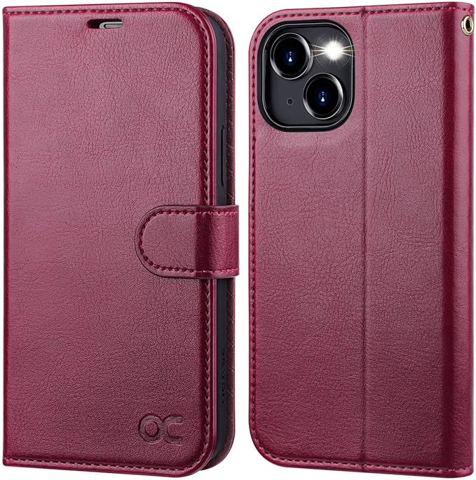 OCASE Compatible with iPhone 15 Wallet Case, PU Leather Flip Folio Case with Card Holders RFID Blocking Kickstand [Shockproof TPU Inner Shell] Phone Cover 6.1 Inch 2023, Burgundy