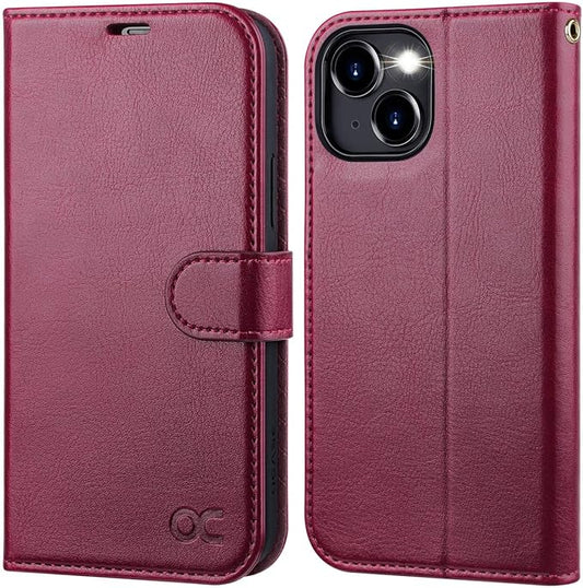 OCASE Compatible with iPhone 15 Wallet Case, PU Leather Flip Folio Case with Card Holders RFID Blocking Kickstand [Shockproof TPU Inner Shell] Phone Cover 6.1 Inch 2023, Burgundy