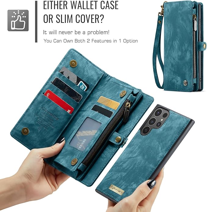 SZHAIYU 2 in 1 Detachable for Samsung Galaxy S25 Ultra Wallet Case with Card Holder, Retro Premium Flip Leather Cover Magnetic Zipper Pocket Phone Cases 6.8'' (Blue, S25 Ultra)