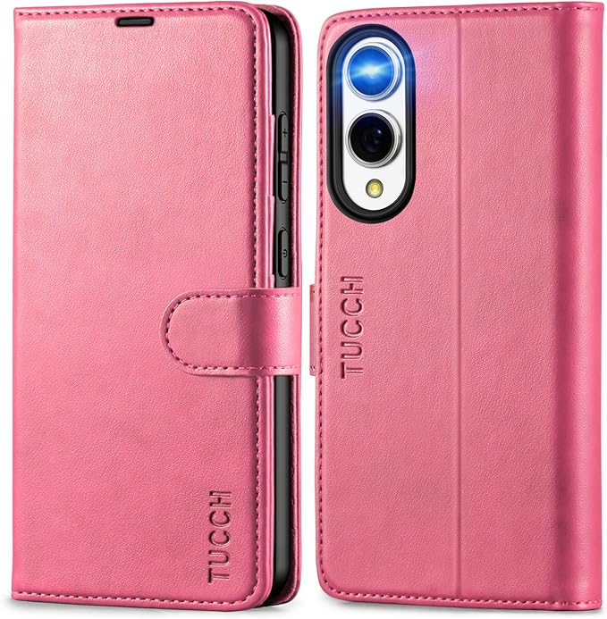 TUCCH Case Wallet for Galaxy S25 Edge, PU Leather Magnetic Kickstand [RFID Blocking] [4 Card Slots] Folio Flip Cover with [TPU Shockproof Interior Case] Compatible with Galaxy S25 Edge 6.7", Hot Pink