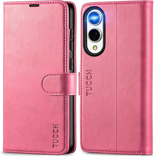 TUCCH Case Wallet for Galaxy S25 Edge, PU Leather Magnetic Kickstand [RFID Blocking] [4 Card Slots] Folio Flip Cover with [TPU Shockproof Interior Case] Compatible with Galaxy S25 Edge 6.7", Hot Pink