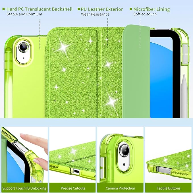 MoKo for iPad (A16) 11th Generation Case 11 Inch 2025, iPad 10th Gen Case 10.9 Inch 2022 with Pencil Holder, Slim Light Trifold Protective Cover with Hard PC Translucent Back Shell, Glitter Grape