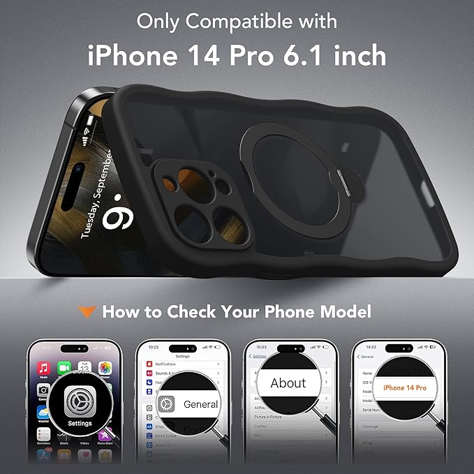 GolbinBox for iPhone 14 Pro Case for Women,[Compatible with Magsafe][360° Spin Magnetic Stand][Cute Wave Edge][Military-Grade Protection] Translucent Matte Phone Case for iPhone 14 Pro, Black