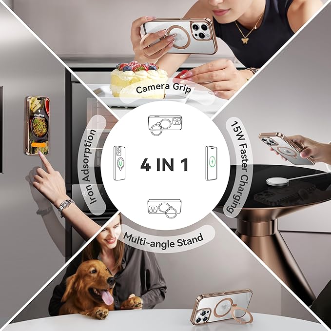 CASEKOO Desert Titanium for iPhone 15 Pro Max Case with 360° Spin Magnetic Stand [Compatible with Magsafe][16FT Military Protection] Polished for iPhone 15 ProMax Case with Stand Ring 6.7'', Rose Gold