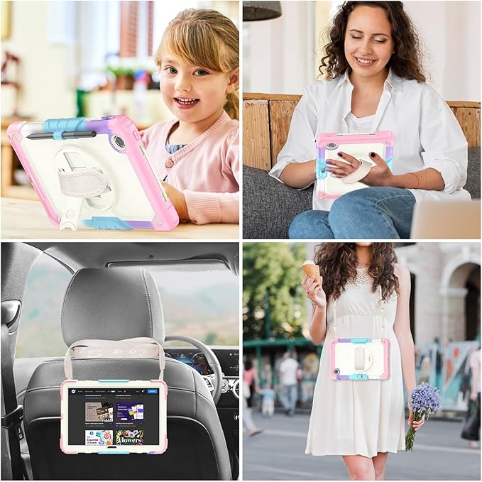 SEYMAC stock Tablet Case for Lenovo Tab M11 (TB-330FU/TB-330XU) 11 inch Drop-Proof Protection Cover with 360° Rotate Stand & Strap [Pen Holder] & Screen Protector/K11/Xiaoxin Pad 2024, Beige+Pink