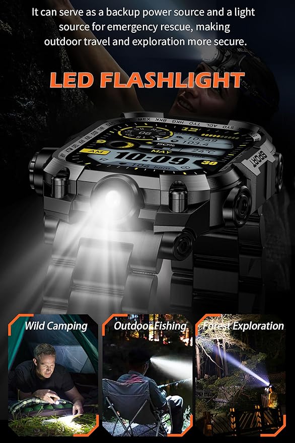 Tough Smart Watch for Working Men with Flashlight, 2.01" HD Ultra Large Rugged Smartwatch Bluetooth Call/Heart Rate/Sleep Monitor Hiking Camping Fitness Track Watches